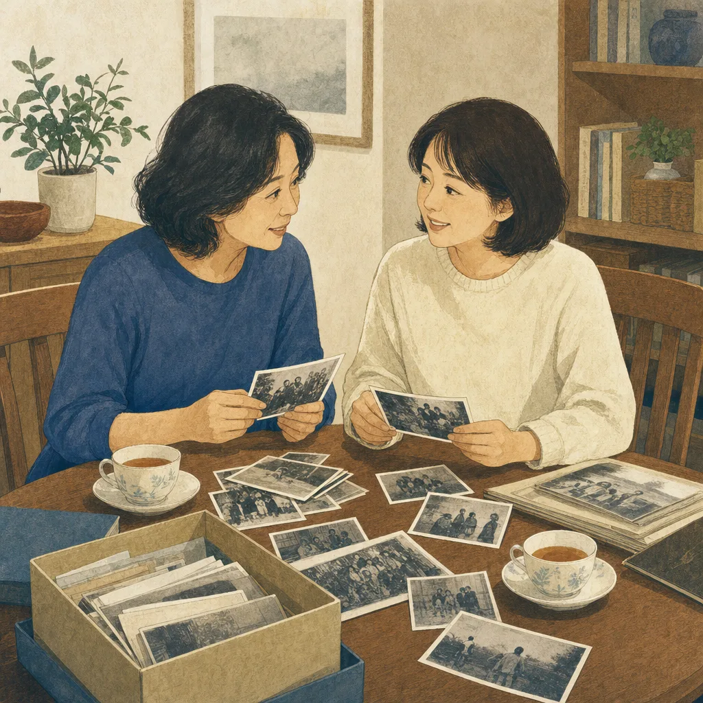 会話を楽しむ日本人の姉妹（編集記事向け）。姉妹、きょうだい、会話、家族関係の記事向け素材です。