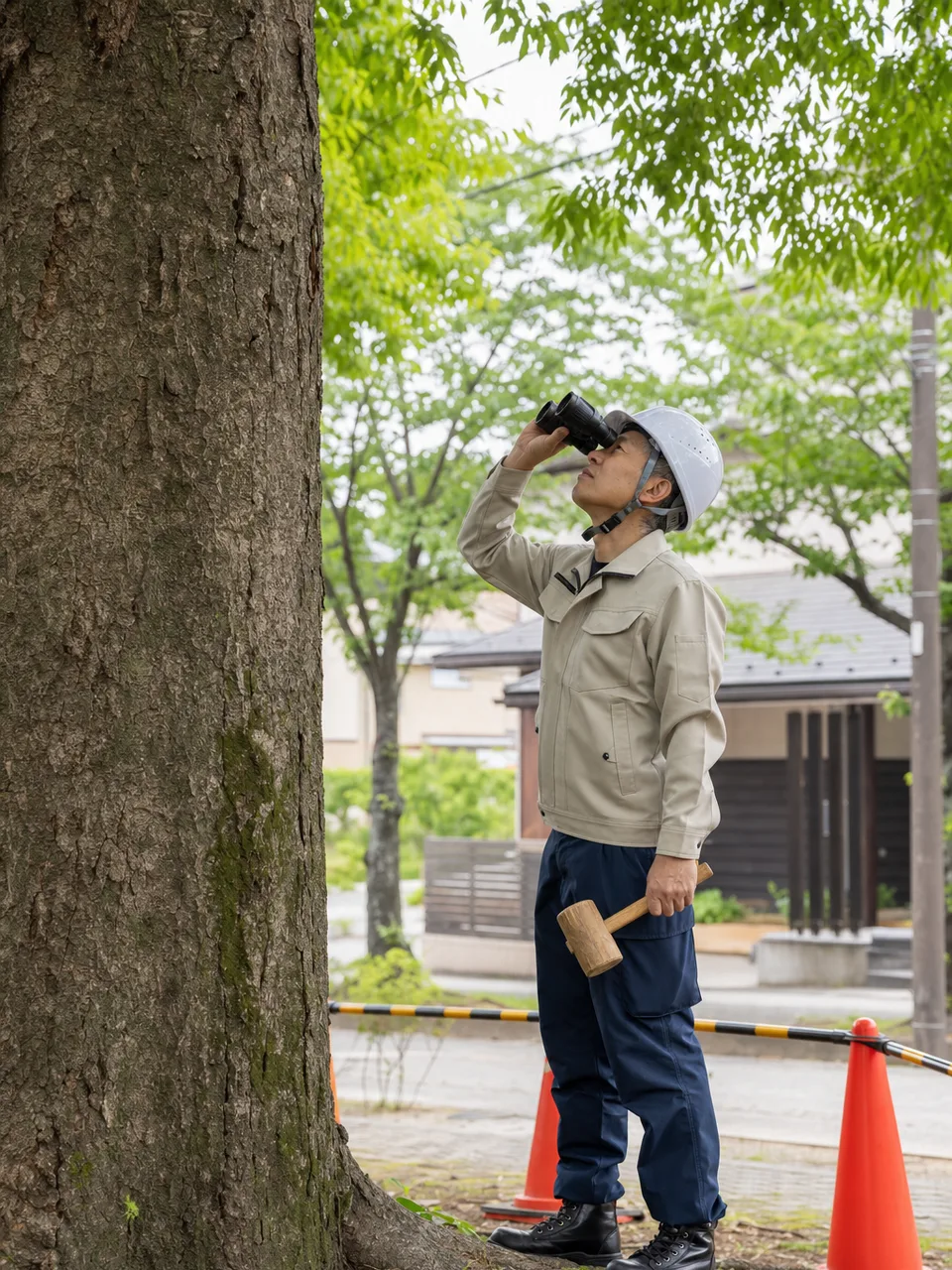 樹木を診断する日本人アーボリスト（自然な縦位置写真）。アーボリスト、樹木診断、樹木管理、造園の記事や案内に使える商用素材です。