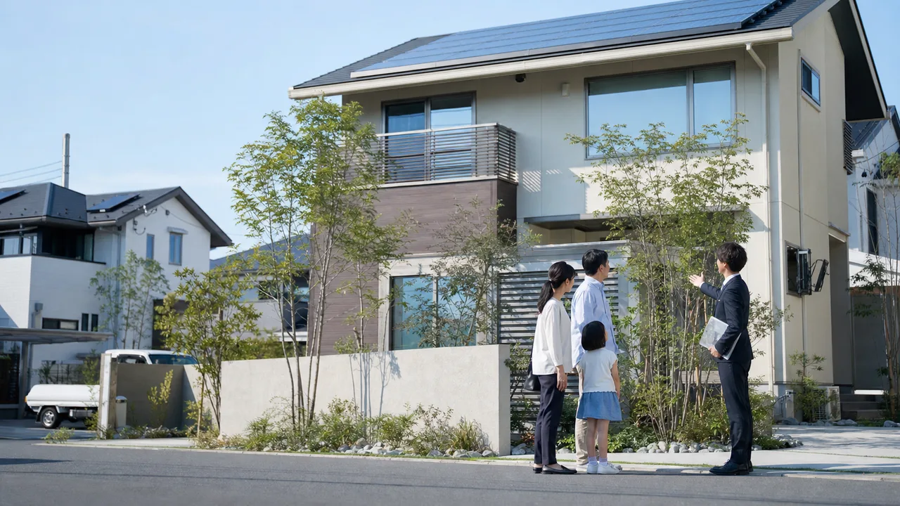 太陽光発電を備えた省エネ住宅（横長・コピースペース）。省エネ住宅、太陽光発電、脱炭素、住宅設備の記事向け素材です。