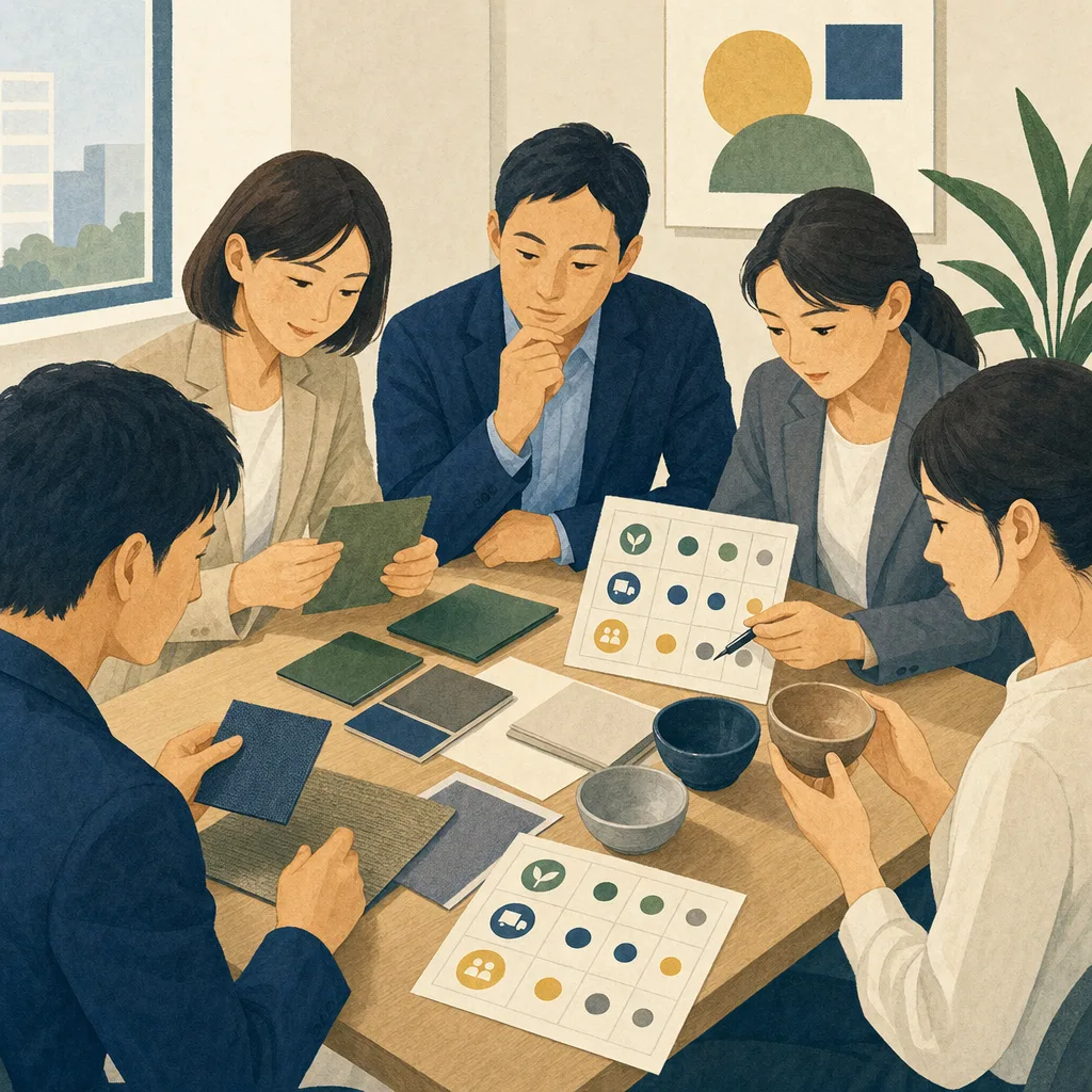 取引先を評価する日本人の調達チーム（編集記事向け）。取引先評価、サプライヤー評価、調達、購買の記事や案内に使える商用素材です。