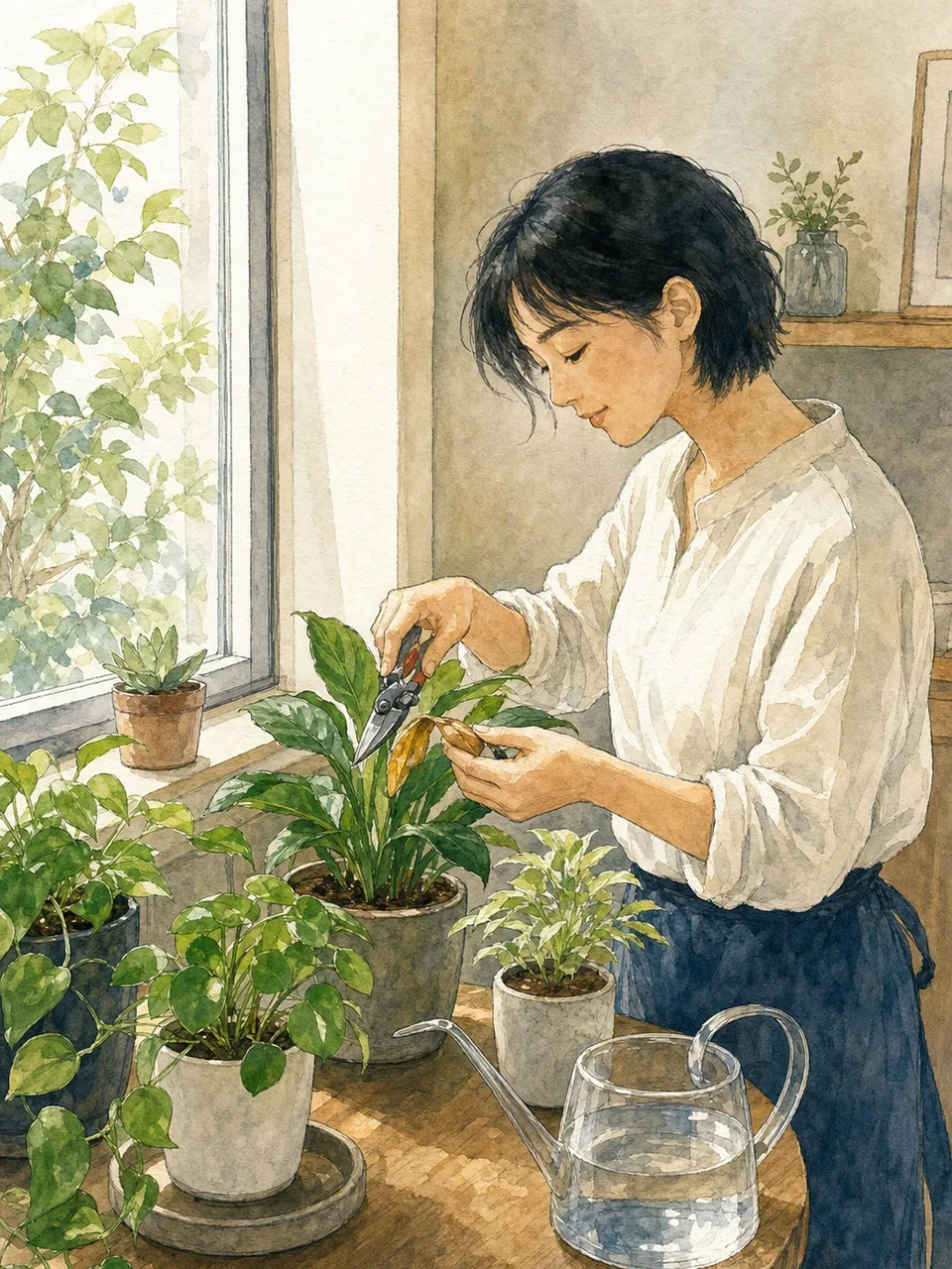 観葉植物を手入れする日本人（手描き水彩）。観葉植物の手入れ、室内園芸、暮らし、趣味の記事向け素材です。