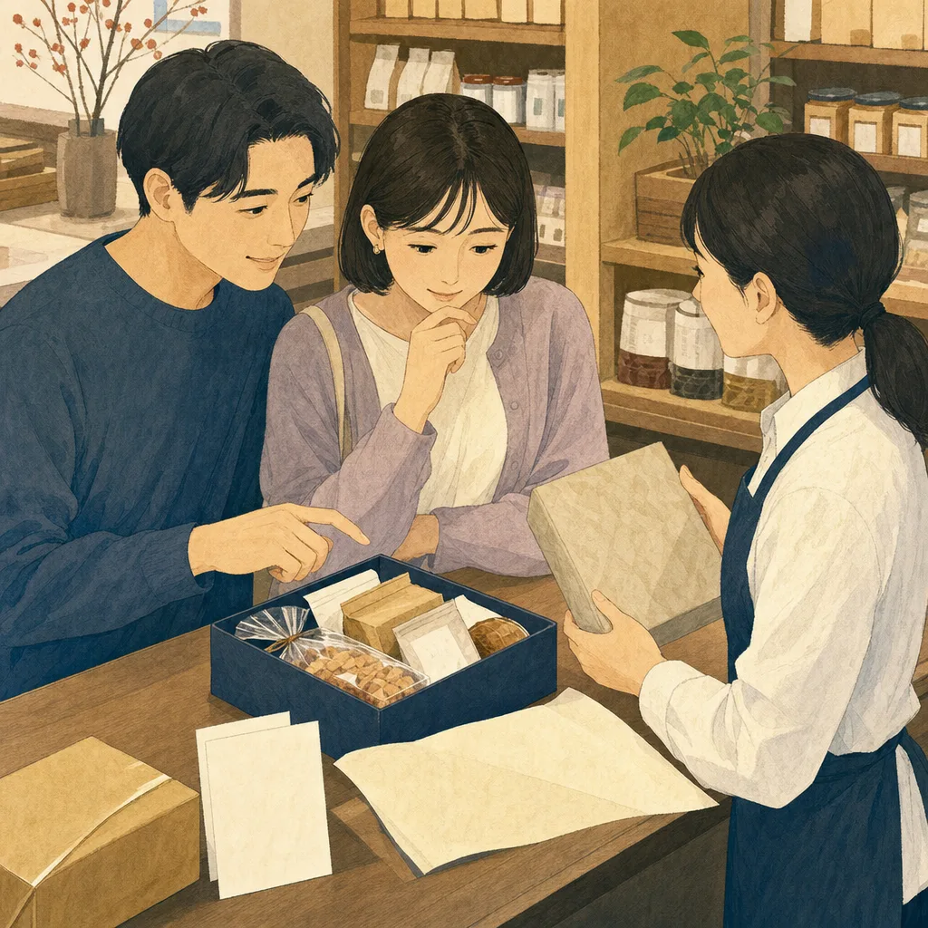 お歳暮を準備する日本人（編集記事向け）。お歳暮、冬の贈り物、年末、感謝の記事向け素材です。