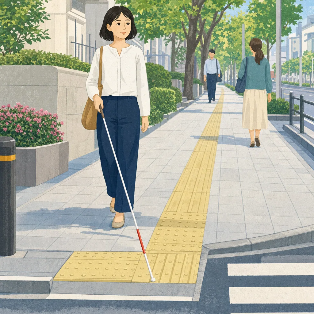 白杖で移動する日本人（編集記事向け）。白杖、視覚障害、歩行、アクセシビリティの記事向け素材です。