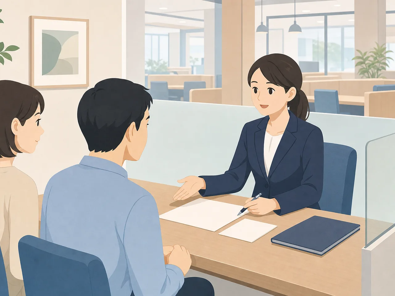 銀行で相談に応じる日本人行員（フラットイラスト）。銀行員、金融相談、家計、資産形成の記事に使える素材です。