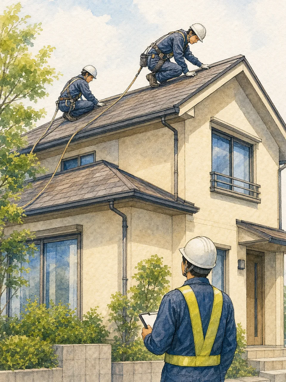 住宅の屋根を点検する日本人技術者（手描き水彩）。屋根点検、住宅点検、雨漏り対策、建物維持の記事や案内に使える商用素材です。