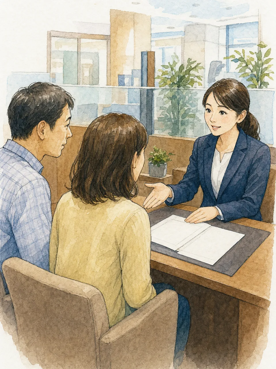 銀行で相談に応じる日本人行員（手描き水彩）。銀行員、金融相談、家計、資産形成の記事に使える素材です。