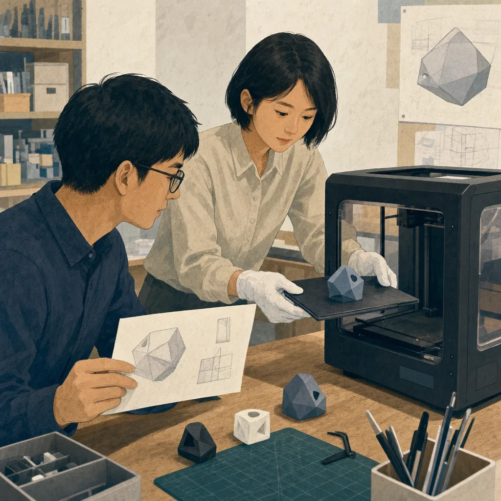 3Dプリンターで試作する日本人技術者（編集記事向け）。3Dプリンター、試作、ものづくり、設計の記事向け素材です。