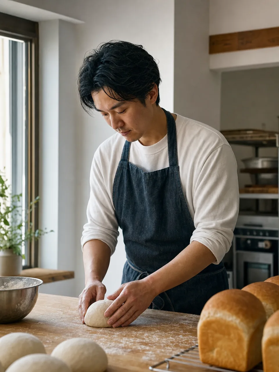パンを作る日本人パン職人（自然な縦位置写真）。パン職人、ベーカリー、食品製造、地域店舗の記事向け素材です。