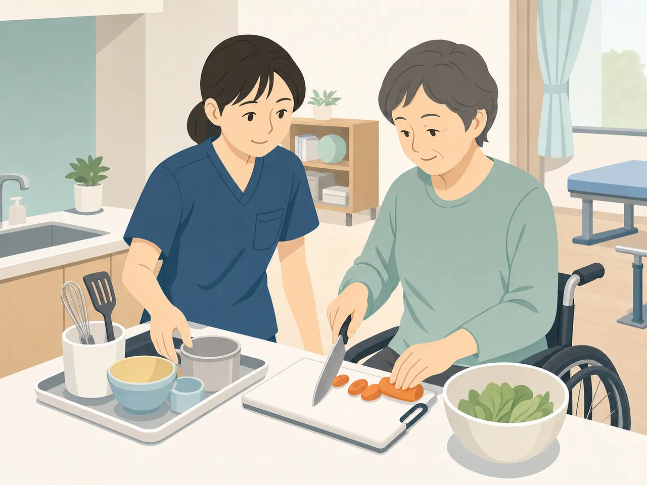 生活動作を支援する日本人作業療法士（フラットイラスト）。作業療法士、リハビリ、生活動作、自立支援の記事向け素材です。