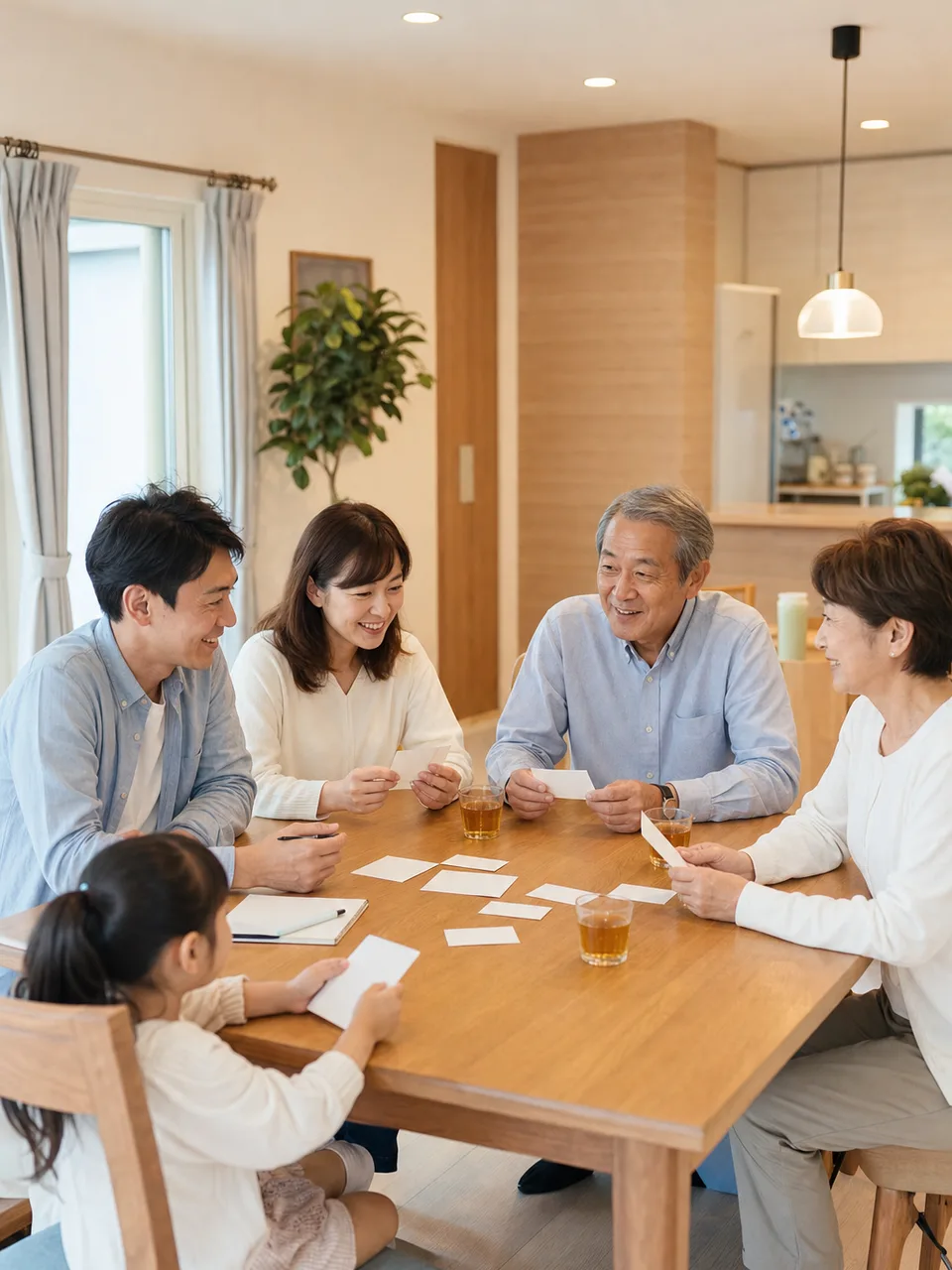 大切なことを話し合う日本人家族（自然な縦位置写真）。家族会議、話し合い、意思決定、家庭の記事向け素材です。