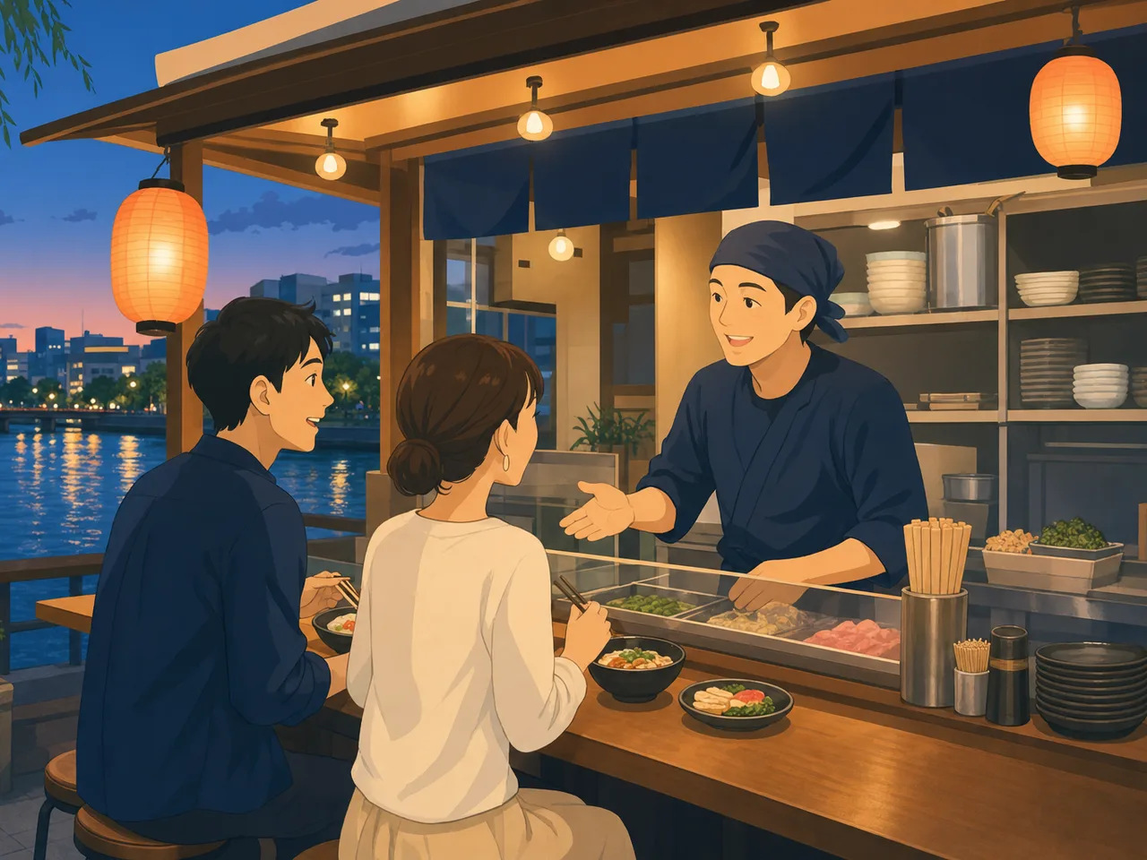 福岡の屋台を楽しむ日本人旅行者（フラットイラスト）。福岡、屋台、九州旅行、食の観光の記事向け素材です。