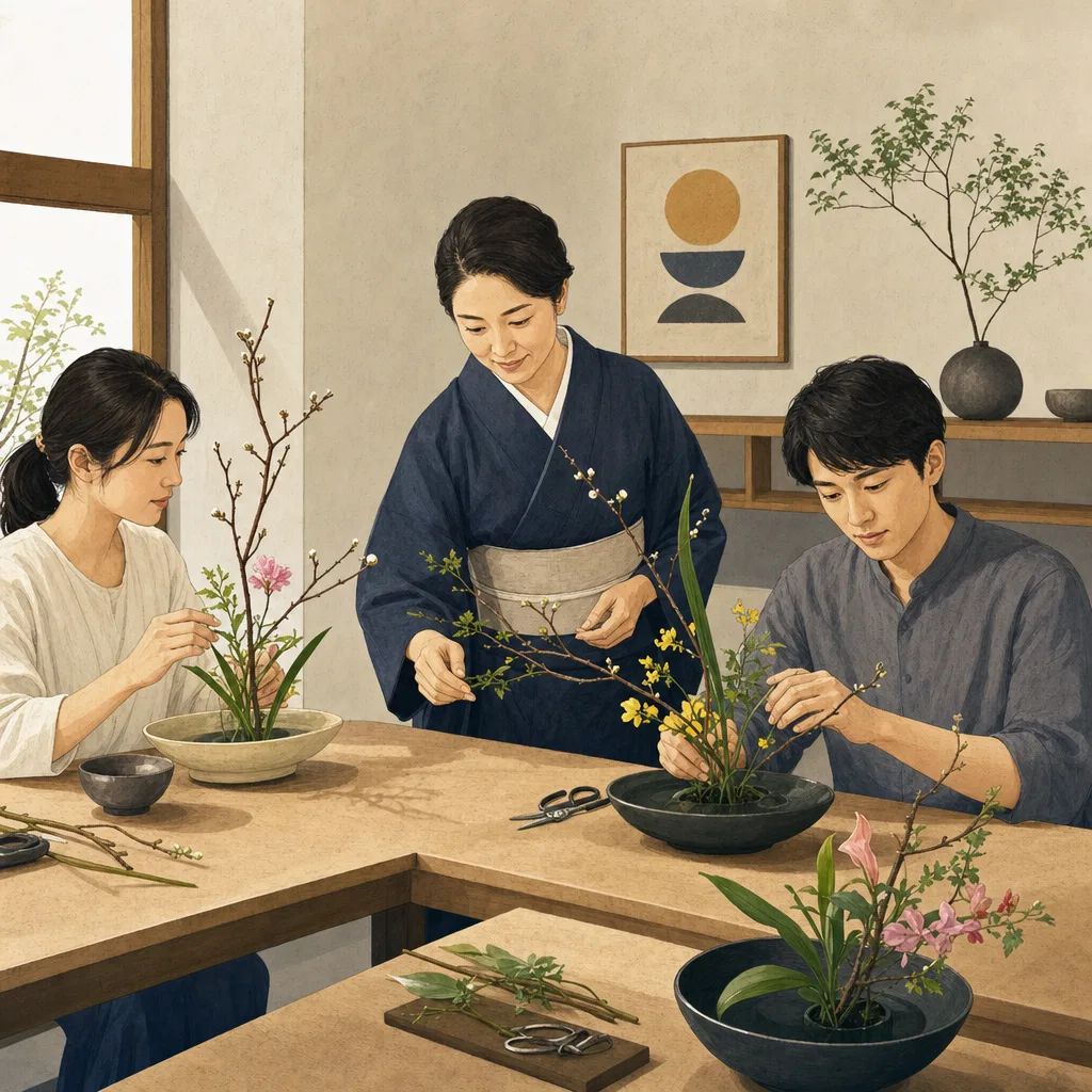 生け花を学ぶ日本人（編集記事向け）。生け花、華道、花の教室、伝統文化の記事や案内に使える商用素材です。