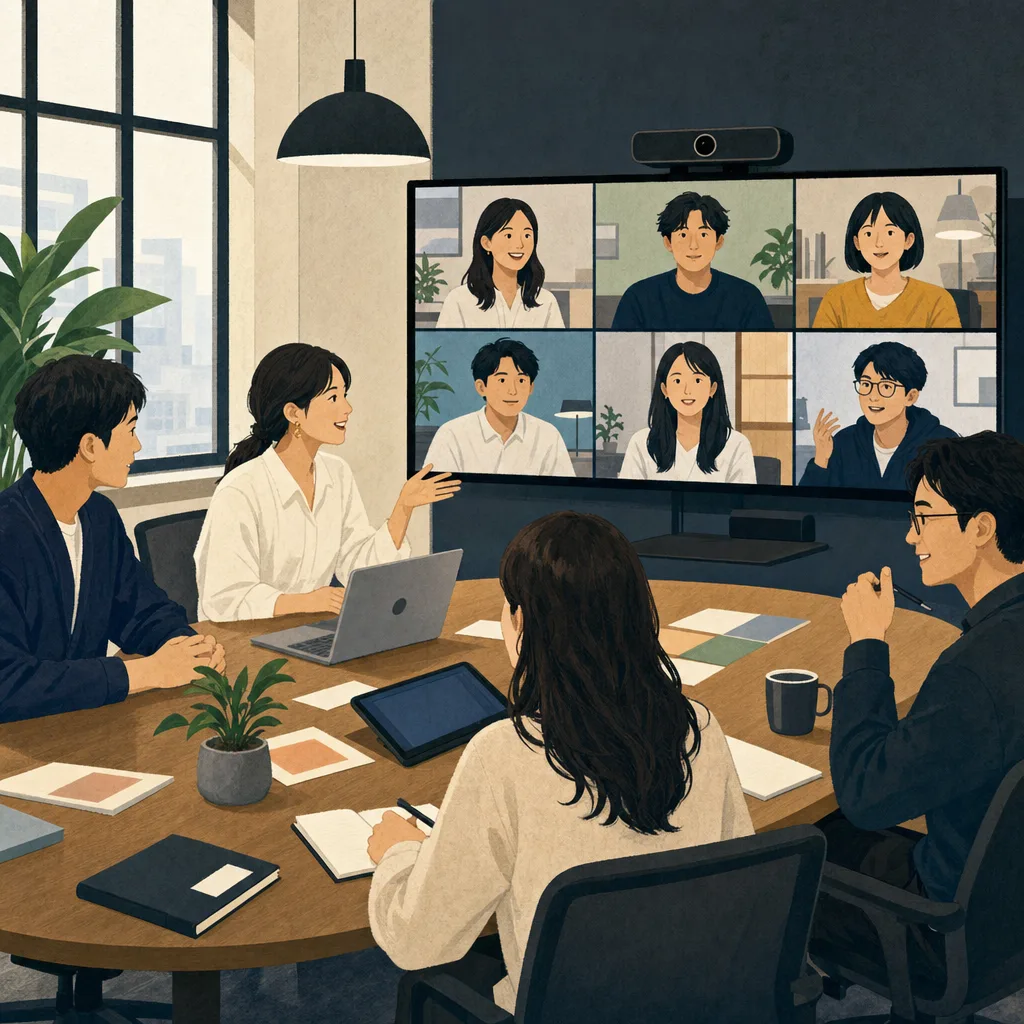 ハイブリッド勤務を計画する日本人チーム（編集記事向け）。ハイブリッド勤務、リモートワーク、週次計画、チーム会議の記事や案内に使える商用素材です。