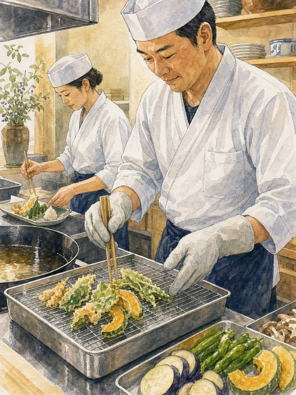 天ぷらを仕上げる日本人料理人（手描き水彩）。天ぷら、和食、料理人、飲食店の記事に使える食素材です。