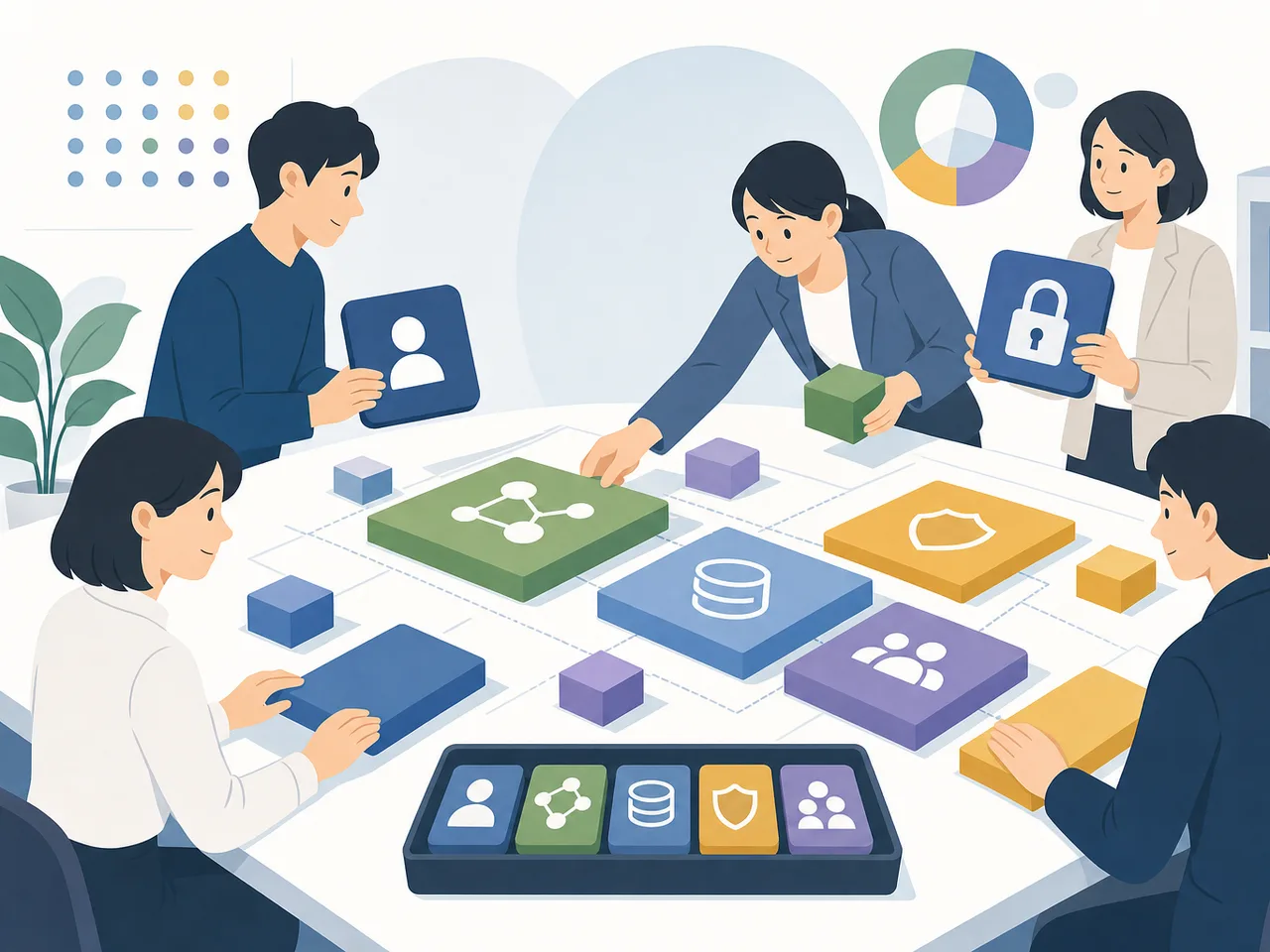 データガバナンスを整える日本人チーム（フラットイラスト）。データガバナンス、データ管理、データカタログ、データ品質の記事や案内に使える商用素材です。