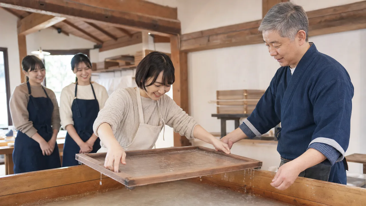 和紙作りを体験する日本人（横長・コピースペース）。和紙作り、伝統工芸、紙すき、職人体験の記事や案内に使える商用素材です。