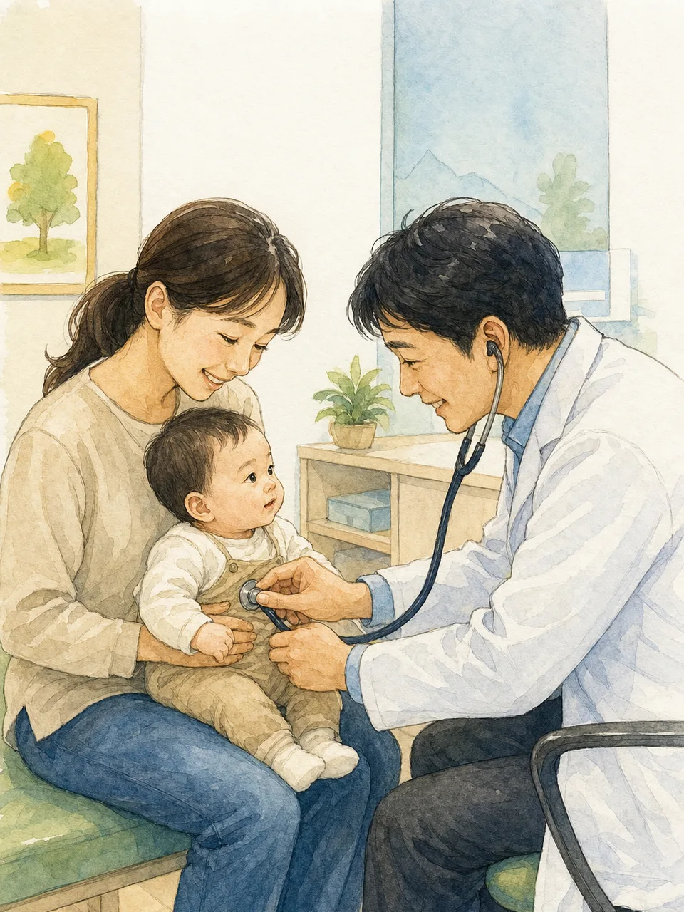 赤ちゃんの乳幼児健診（手描き水彩）。小児科、自治体、母子保健の案内に使える、乳児と保護者の健診素材です。