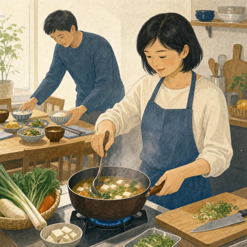 味噌汁を作る日本人の朝（編集記事向け）。味噌汁、和朝食、家庭料理、朝ごはんの記事向け素材です。