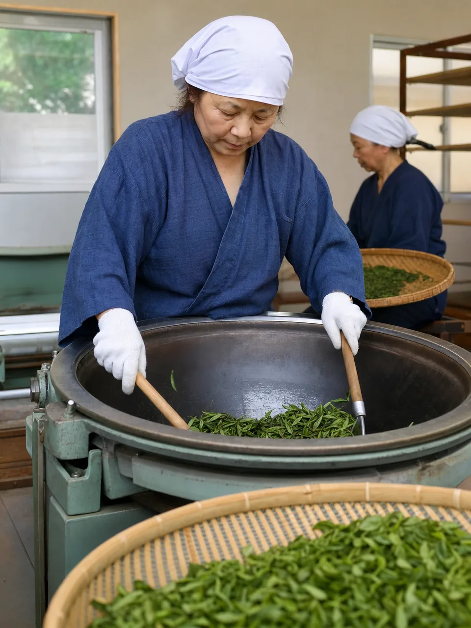 茶葉を焙煎する日本人職人（自然な縦位置写真）。茶葉焙煎、日本茶、製茶、緑茶の記事や案内に使える商用素材です。
