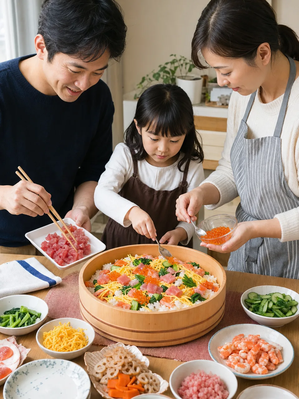 ちらし寿司を作る日本人家族（自然な縦位置写真）。ちらし寿司、祝いの食卓、親子料理、和食の記事向け素材です。