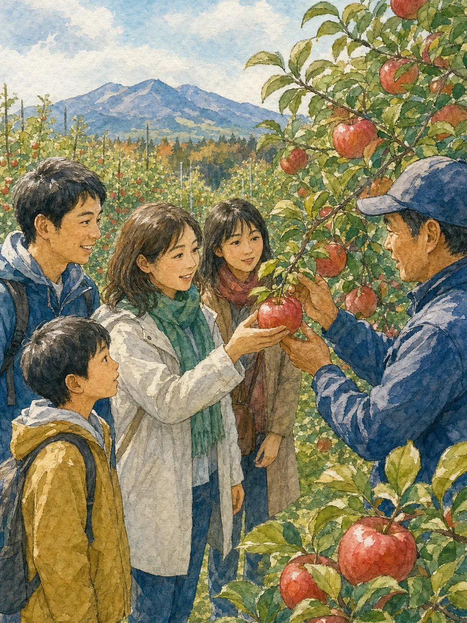 青森のりんご畑を訪れる旅行者（手描き水彩）。青森旅行、りんご畑、りんご狩り、東北旅行の記事や案内に使える商用素材です。