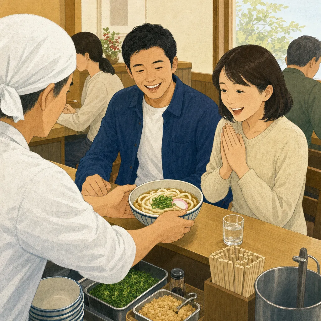 うどんを楽しむ日本人（編集記事向け）。うどん、麺料理、和食、飲食店の記事に使える素材です。