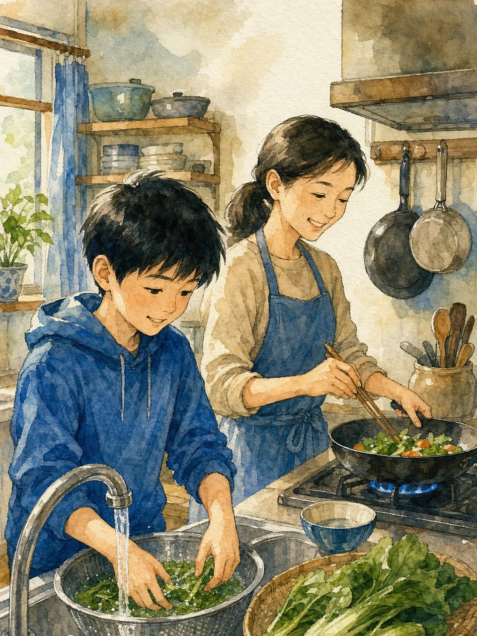 一緒に料理する日本人の母と息子（手描き水彩）。母と息子、親子料理、家事、食育の記事向け素材です。