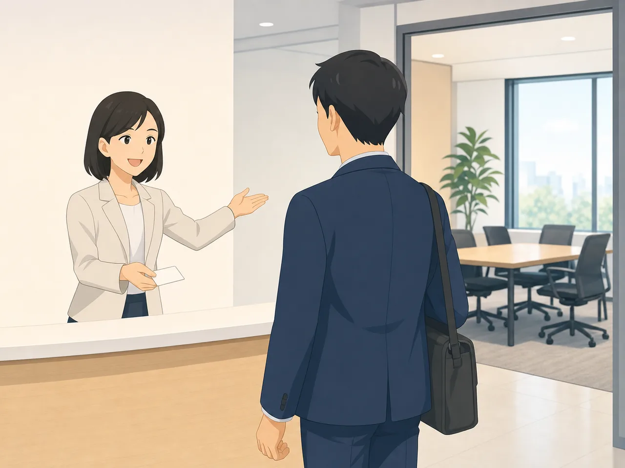 オフィスで案内する日本人受付スタッフ（フラットイラスト）。受付、来客対応、オフィス、接客研修の記事向け素材です。