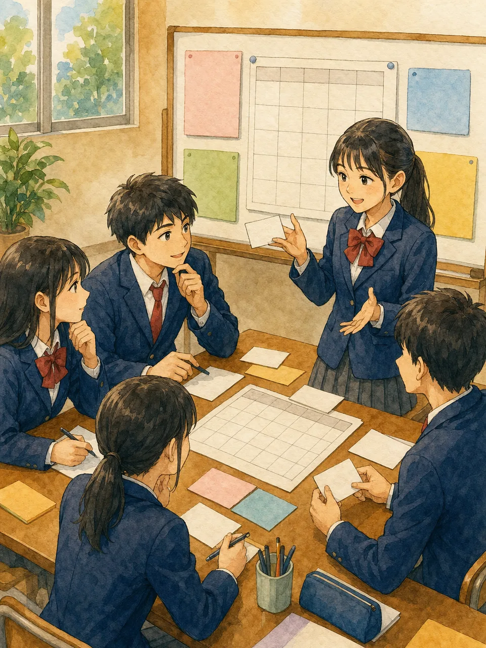 学校行事を計画する日本人生徒会（手描き水彩）。生徒会、学校行事、企画会議、中学生の記事や案内に使える商用素材です。