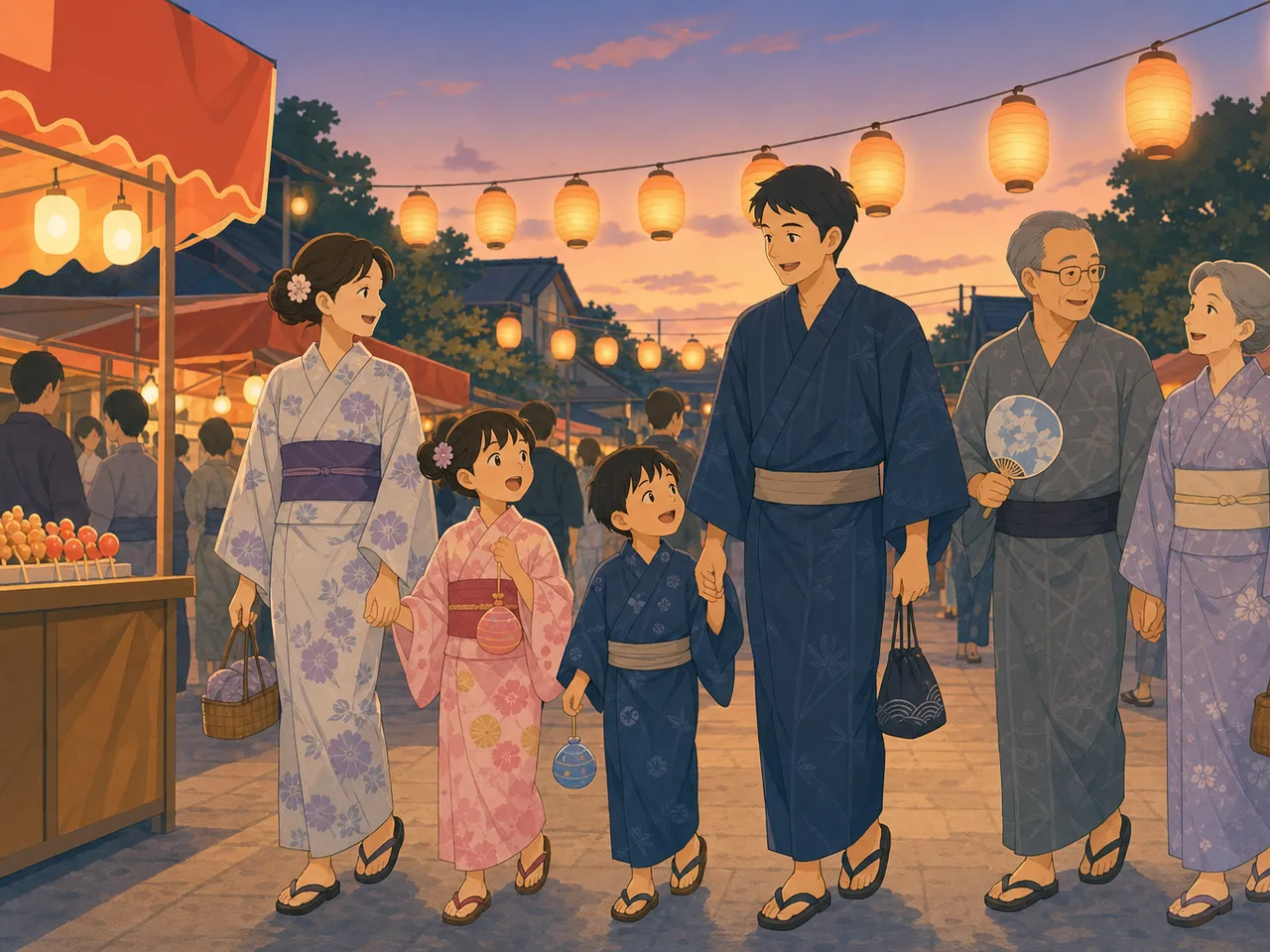 夏祭りを楽しむ日本人家族（フラットイラスト）。夏祭り、地域イベント、浴衣、家族のお出かけに使える季節素材です。