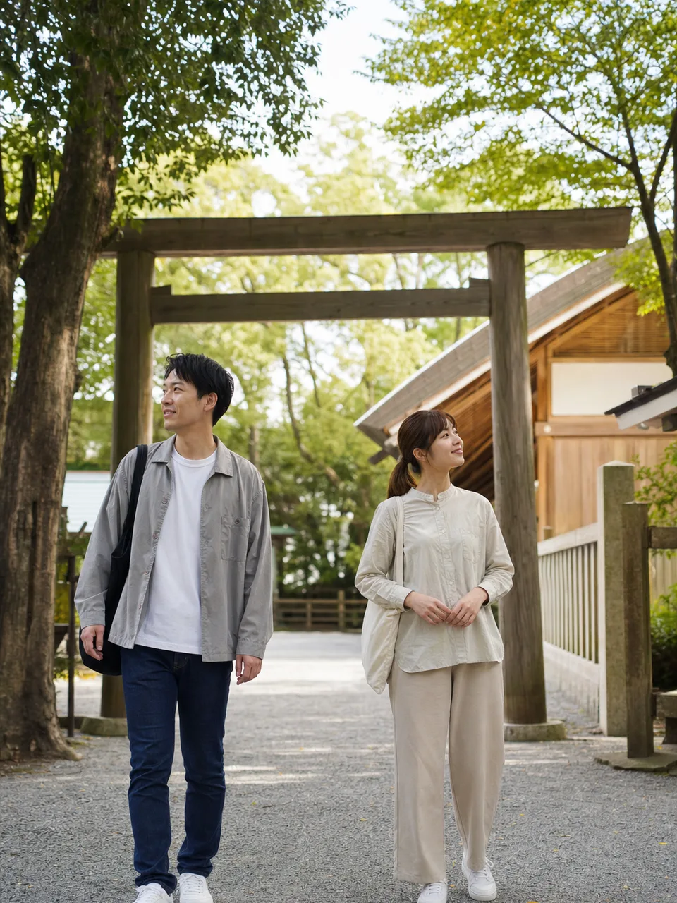 神社を訪れる日本人旅行者（自然な縦位置写真）。神社、参拝、日本文化、国内旅行の記事に使える素材です。