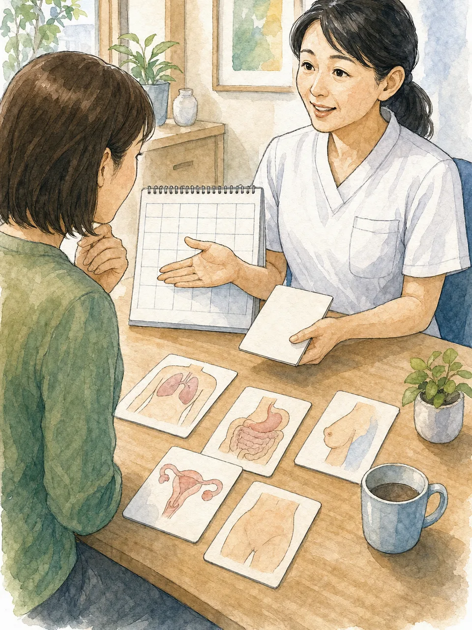 がん検診を相談する日本人（手描き水彩）。がん検診、健康相談、予防医療、早期発見の記事や案内に使える商用素材です。