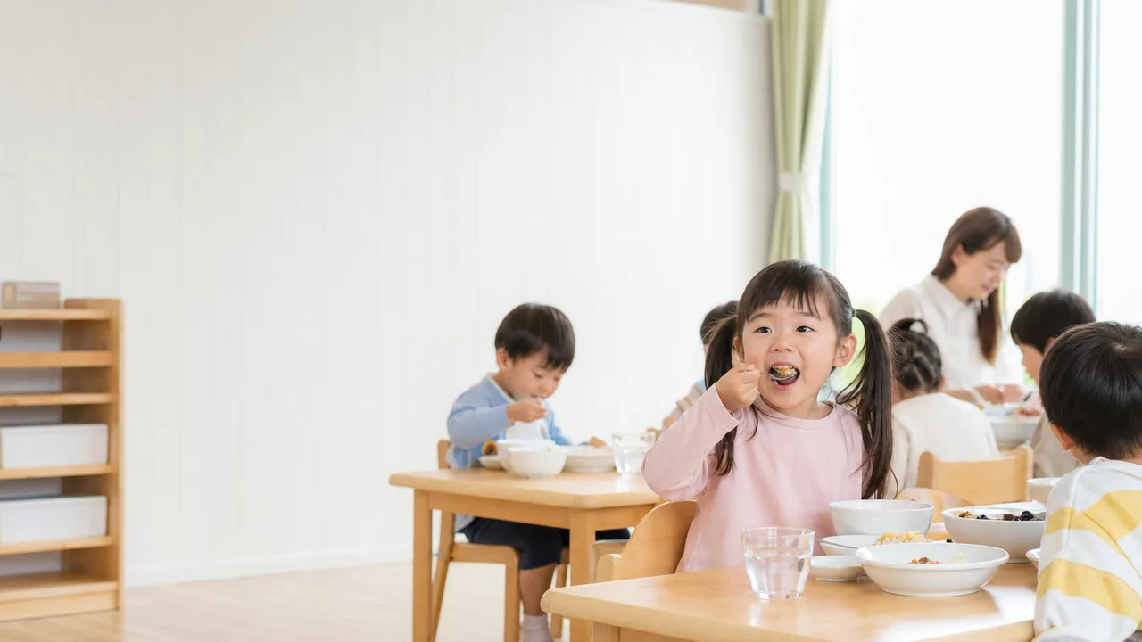 給食を楽しむ日本人の園児（横長・コピースペース）。保育園給食、園児、食育、幼児の記事や案内に使える商用素材です。