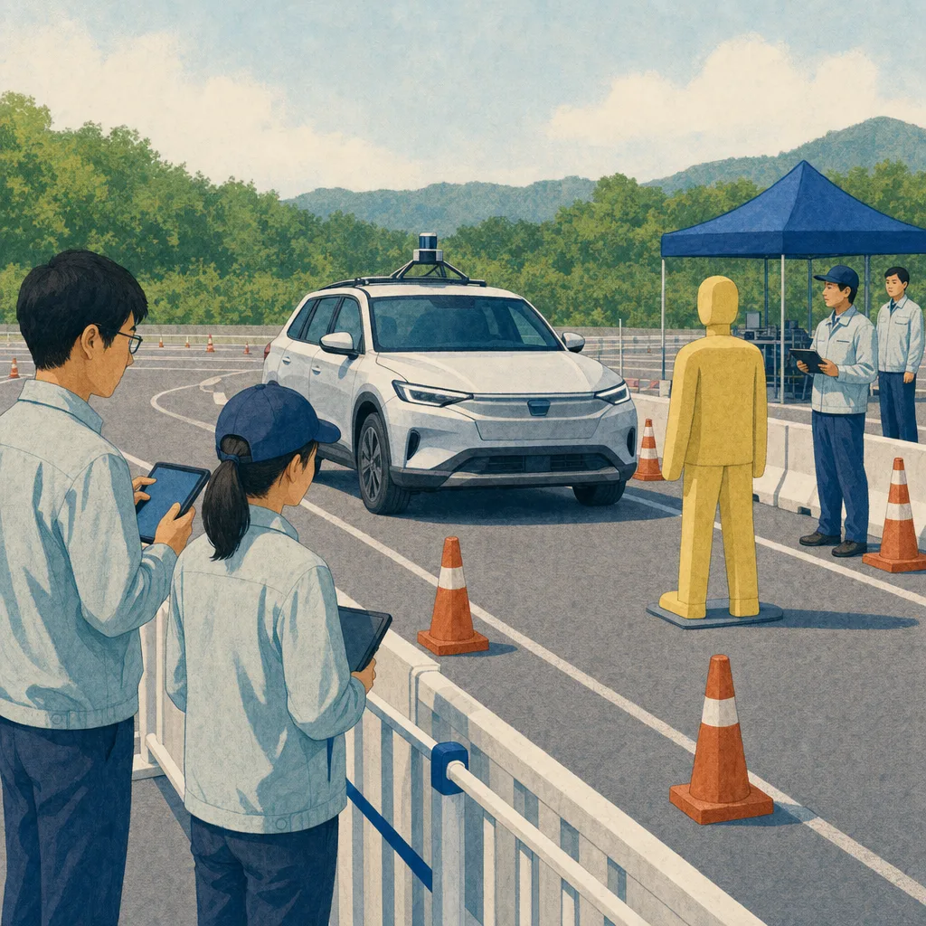 自動運転を検証する日本人技術者（編集記事向け）。自動運転、車両開発、安全検証、モビリティの記事向け素材です。
