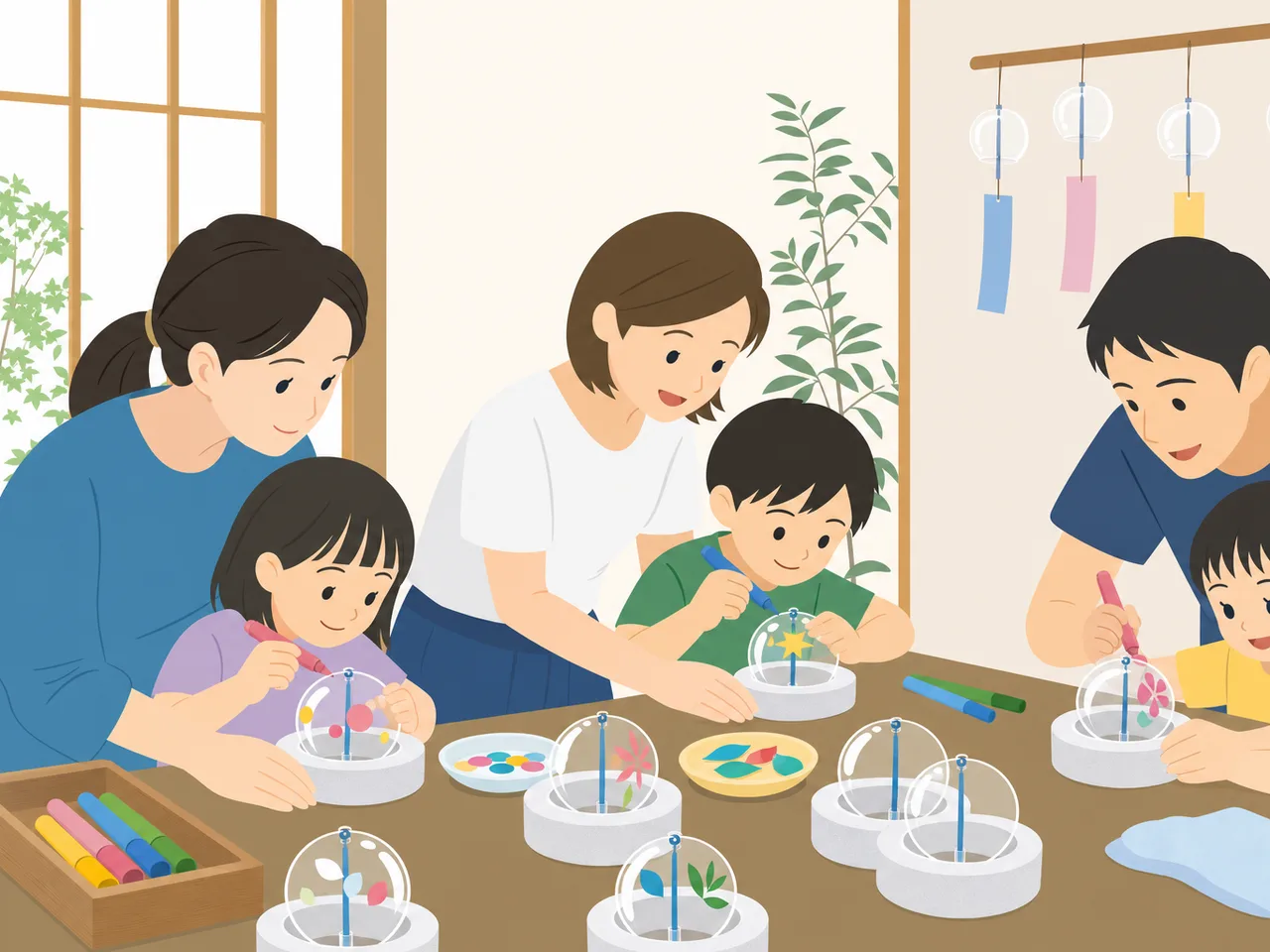 風鈴の絵付けを楽しむ日本人（フラットイラスト）。風鈴絵付け、風鈴作り、夏の工作、伝統工芸体験の記事や案内に使える商用素材です。
