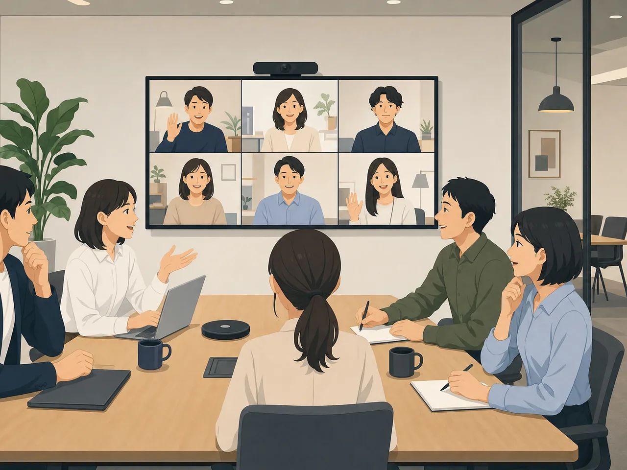 ハイブリッド勤務を計画する日本人チーム（フラットイラスト）。ハイブリッド勤務、リモートワーク、週次計画、チーム会議の記事や案内に使える商用素材です。