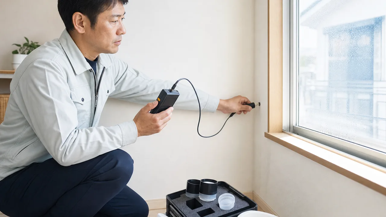 住宅の湿気を調べる日本人専門家（横長・コピースペース）。湿気対策、結露、カビ予防、住宅診断の記事や案内に使える商用素材です。