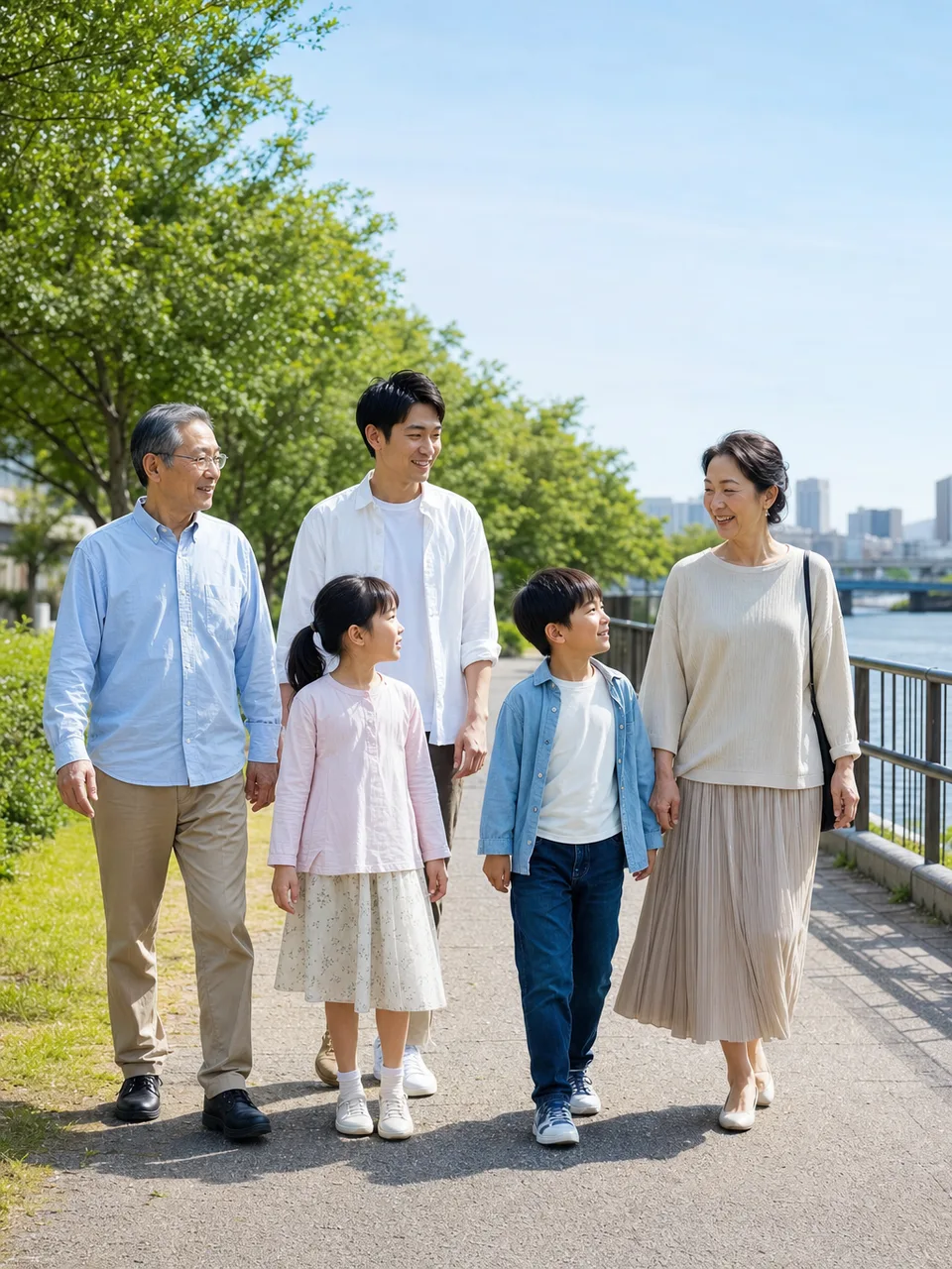 散歩を楽しむ日本人の三世代家族（自然な縦位置写真）。三世代、家族、散歩、世代間交流の記事向け素材です。