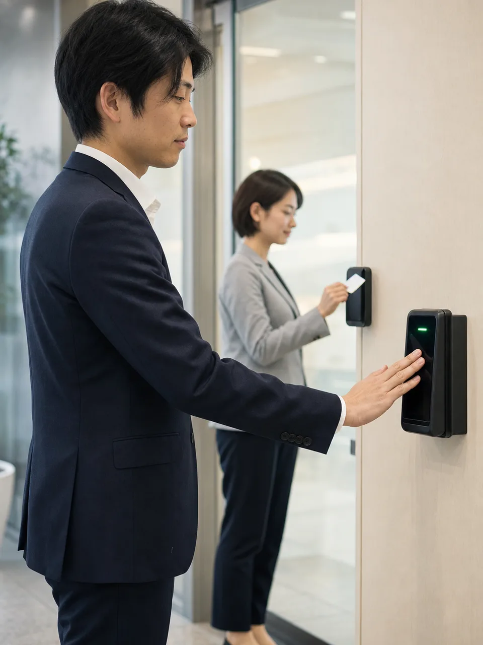 生体認証で入室する日本人会社員（自然な縦位置写真）。生体認証、顔認証、オフィスセキュリティ、本人確認の記事向け素材です。