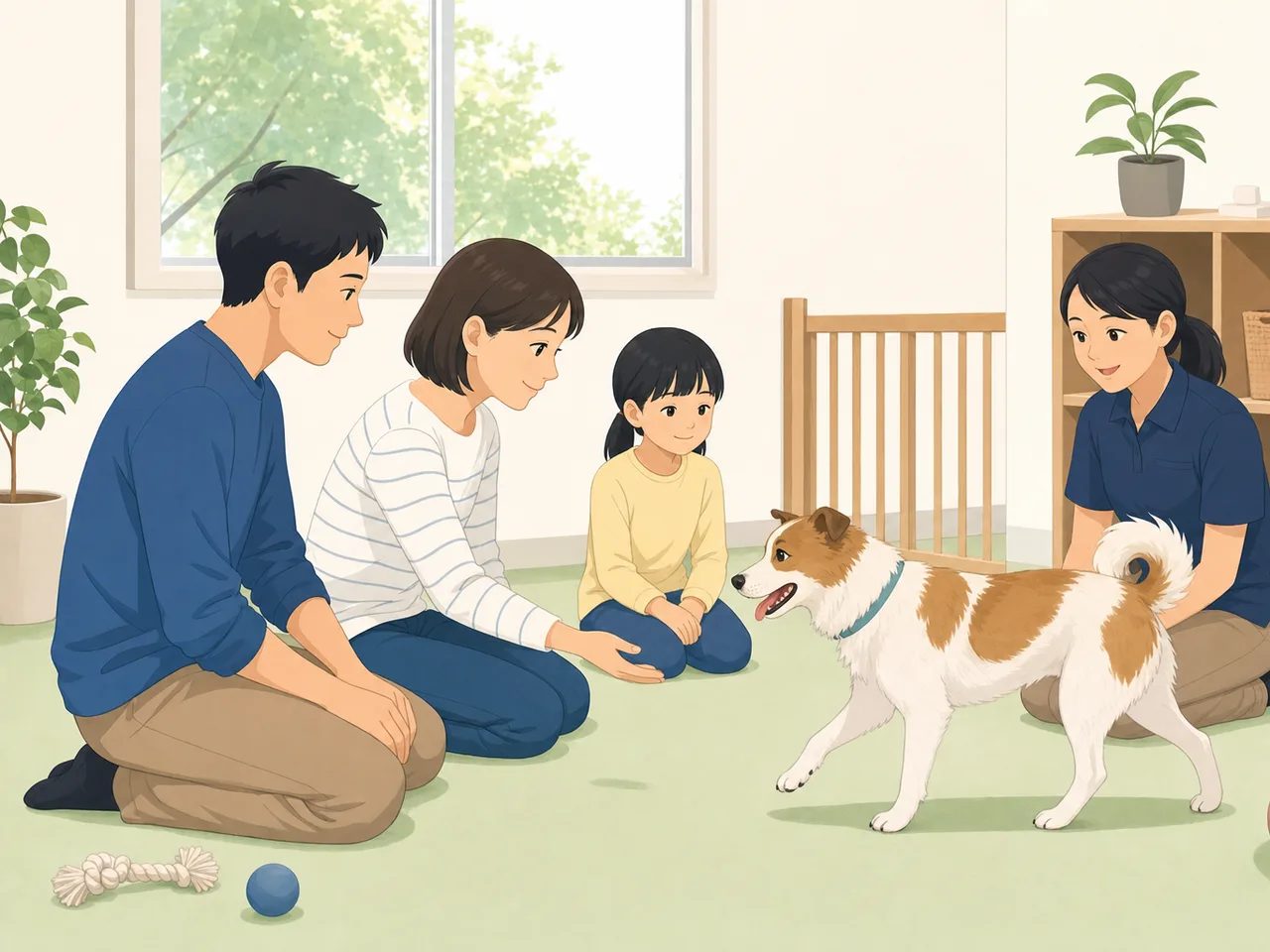 保護犬と出会う日本人家族（フラットイラスト）。保護犬、里親、動物福祉、家族の記事向け素材です。