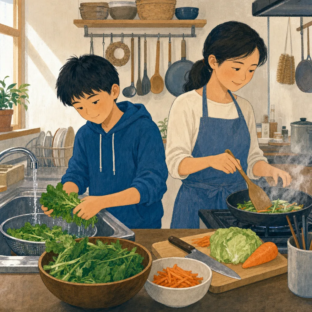 一緒に料理する日本人の母と息子（編集記事向け）。母と息子、親子料理、家事、食育の記事向け素材です。