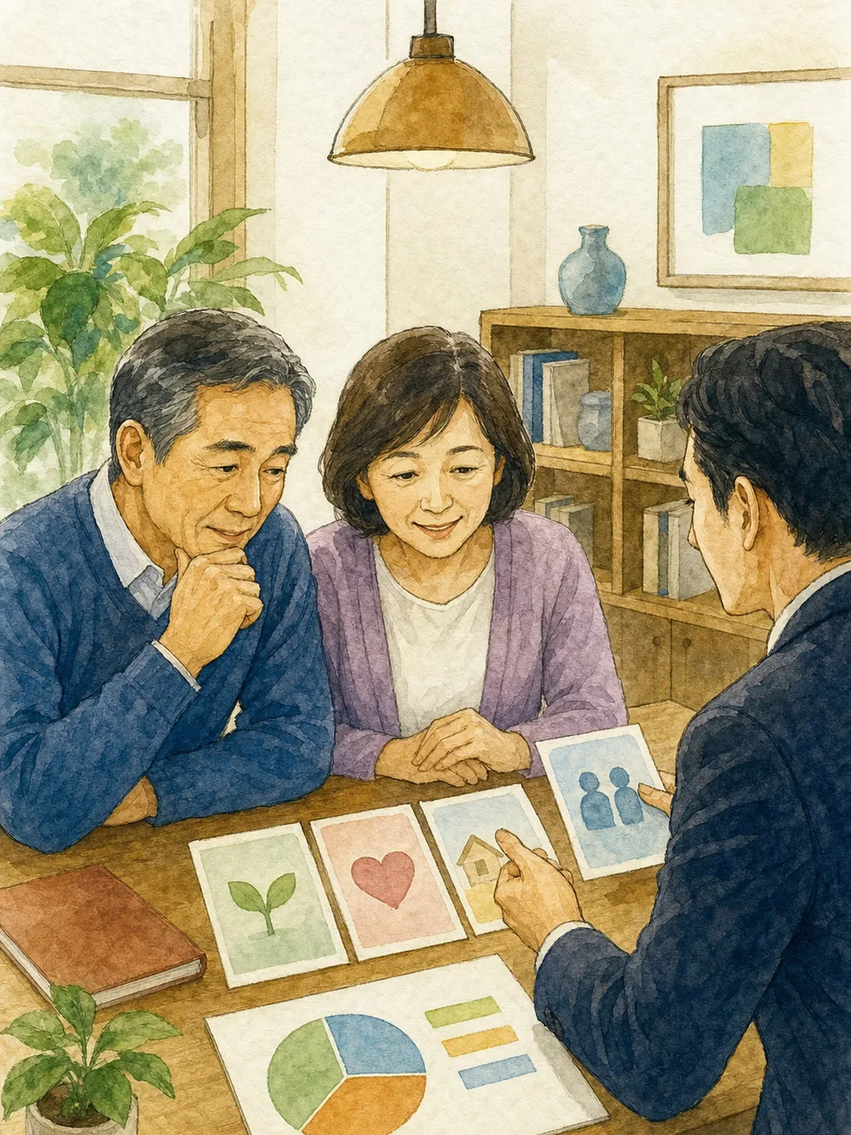 老後資金を計画する日本人夫婦（手描き水彩）。老後資金、退職後、家計相談、資産計画の記事や案内に使える商用素材です。