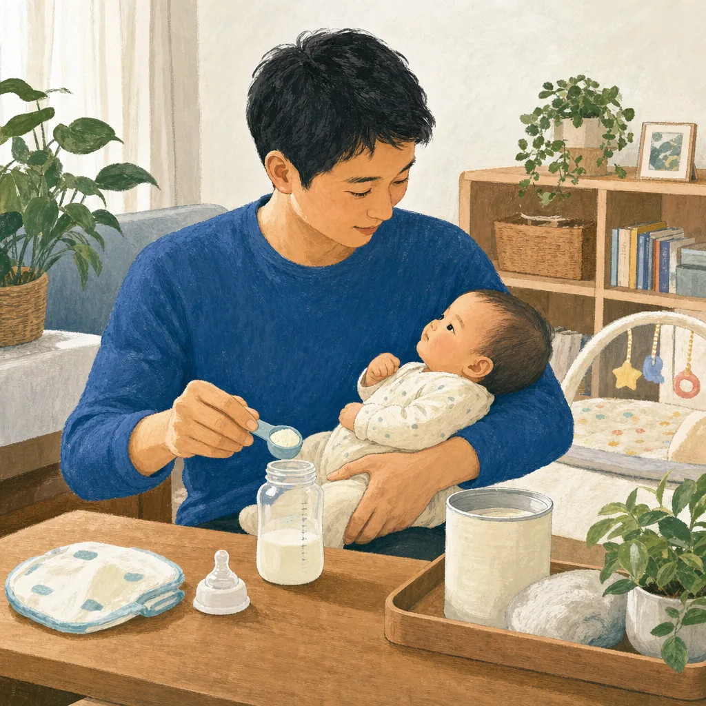 赤ちゃんを世話する日本人の父親（編集記事向け）。男性の育児参加、育休、家族サービスを伝えられる、父親と乳児の生活素材です。