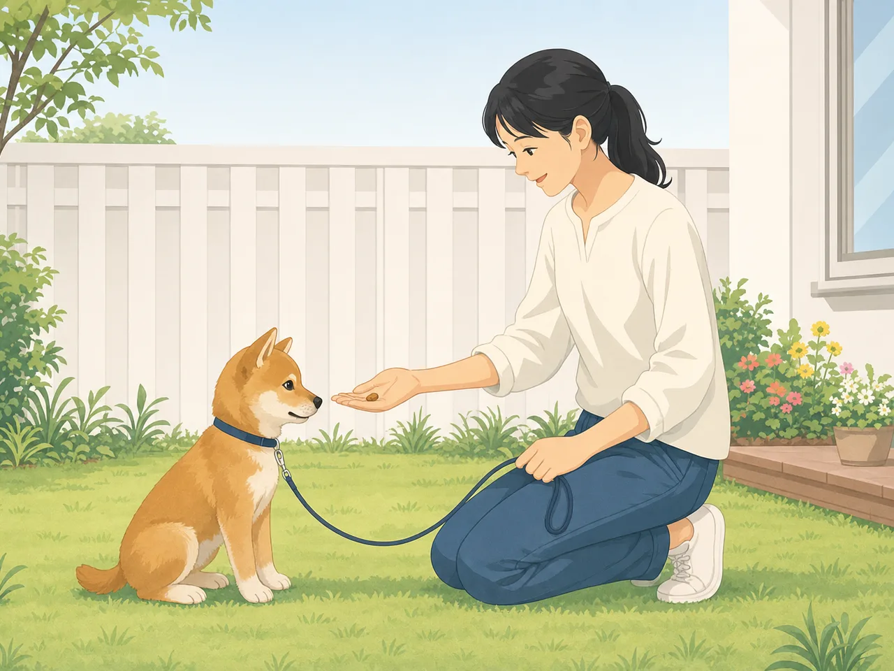 子犬をしつける日本人飼い主（フラットイラスト）。子犬、犬のしつけ、ペットケア、暮らしの記事向け素材です。
