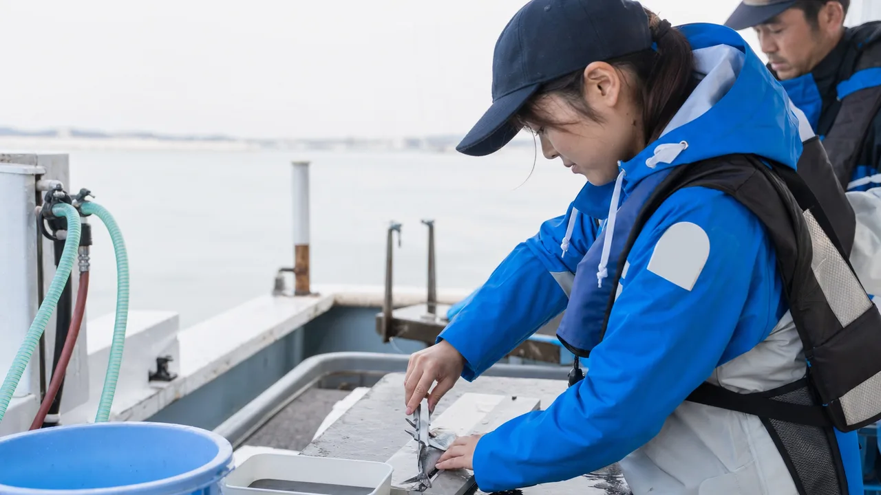 水産資源を調査する日本人（横長・コピースペース）。水産資源調査、漁業、魚類調査、海洋研究の記事や案内に使える商用素材です。