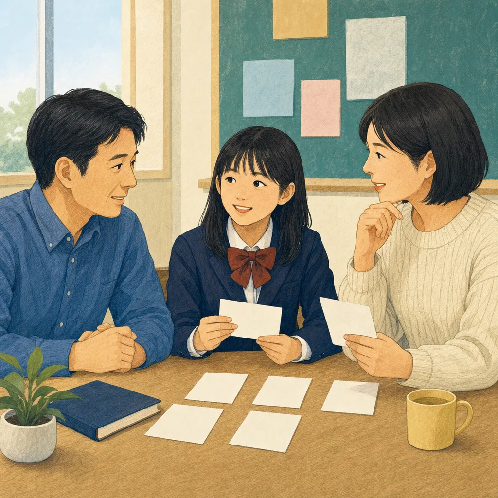 保護者面談をする日本人の教師と親（編集記事向け）。保護者面談、個人面談、教師、家庭連携の記事向け素材です。