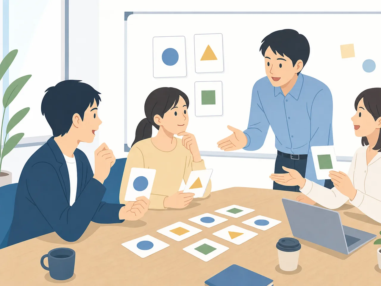 コンプライアンス研修に参加する日本人（フラットイラスト）。コンプライアンス研修、企業倫理、社内研修、法令遵守の記事や案内に使える商用素材です。