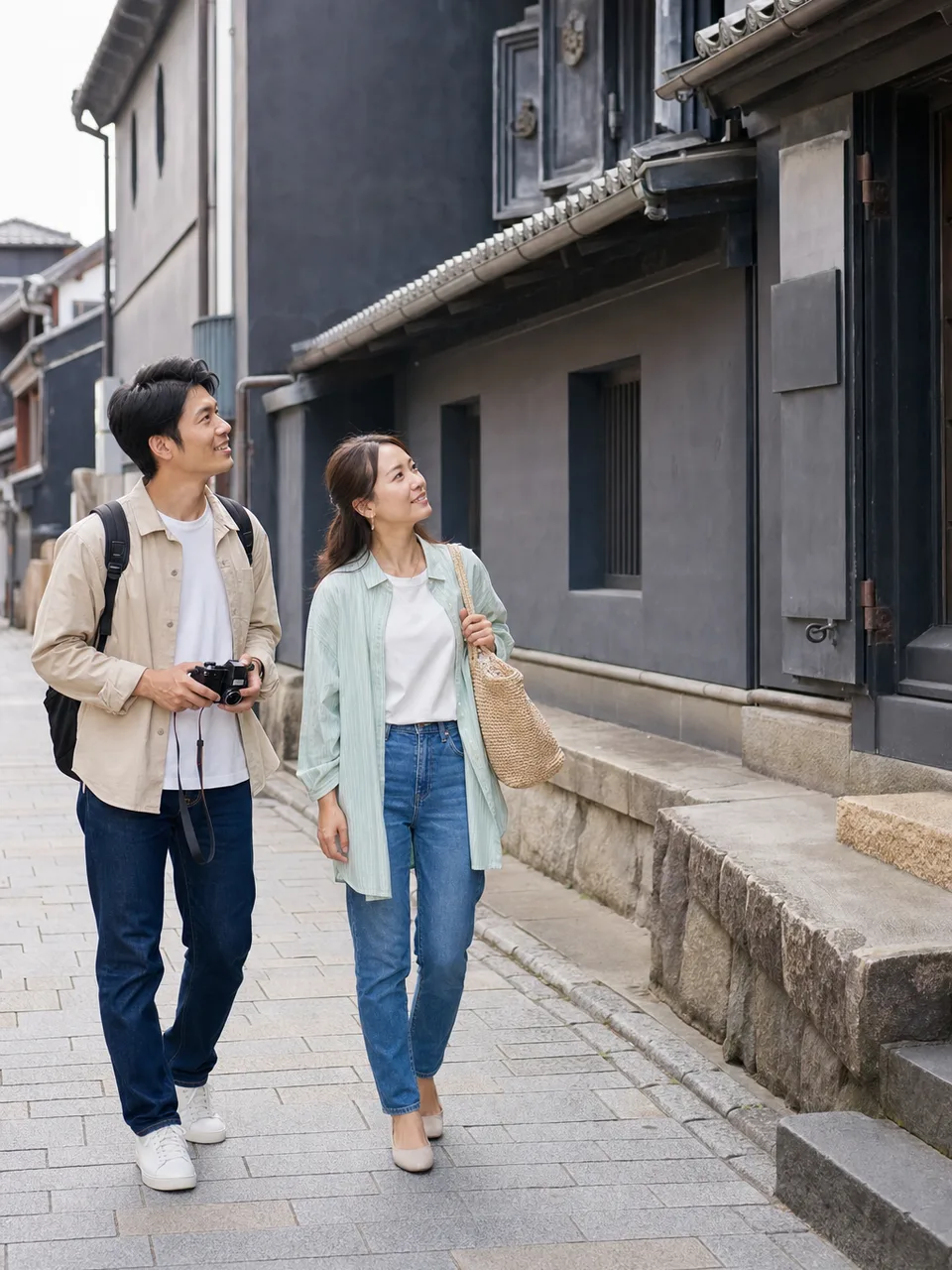 埼玉の蔵造りの町を歩く旅行者（自然な縦位置写真）。埼玉旅行、川越、蔵造り、小江戸の記事や案内に使える商用素材です。