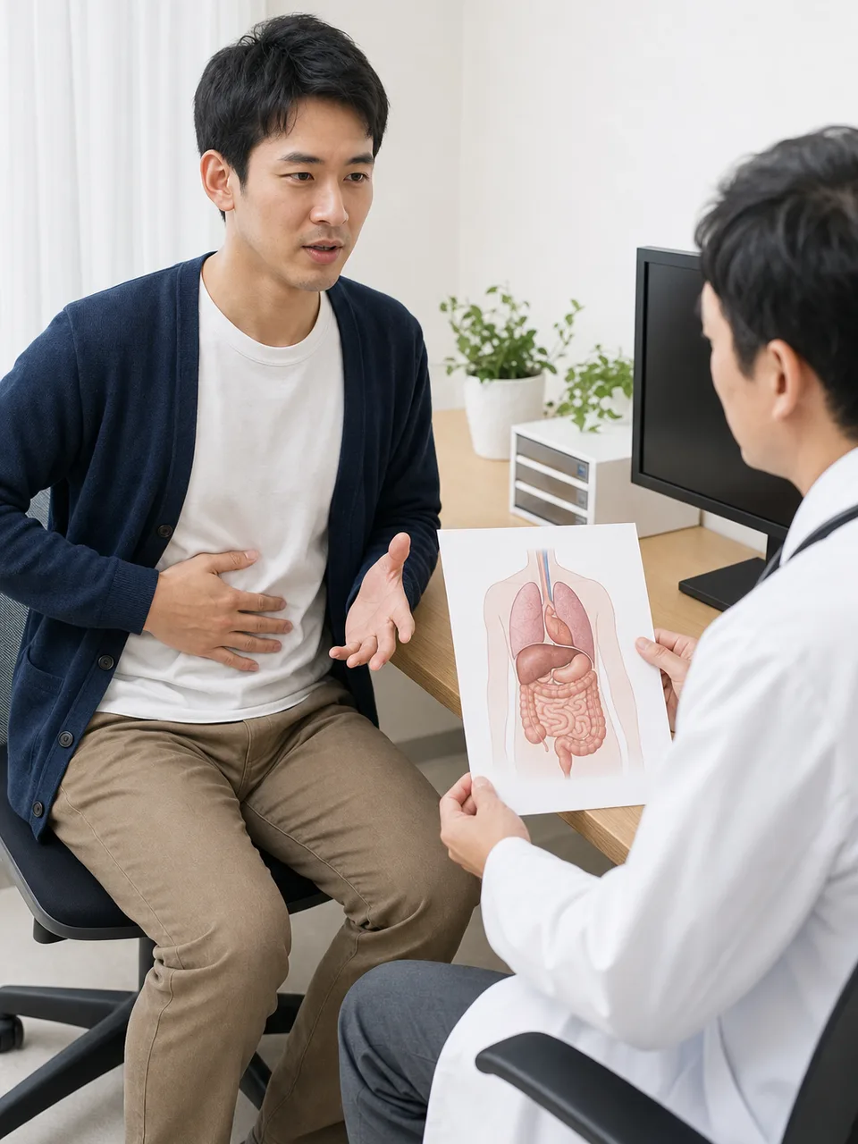 内科で相談する日本人患者（自然な縦位置写真）。内科、かかりつけ医、診察、健康相談の記事向け素材です。