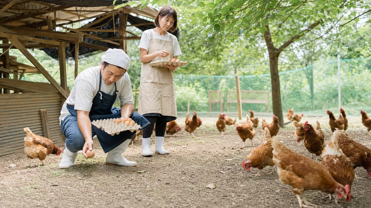 ニワトリを世話する日本人農家（横長・コピースペース）。ニワトリ、養鶏、農業、動物福祉の記事向け素材です。